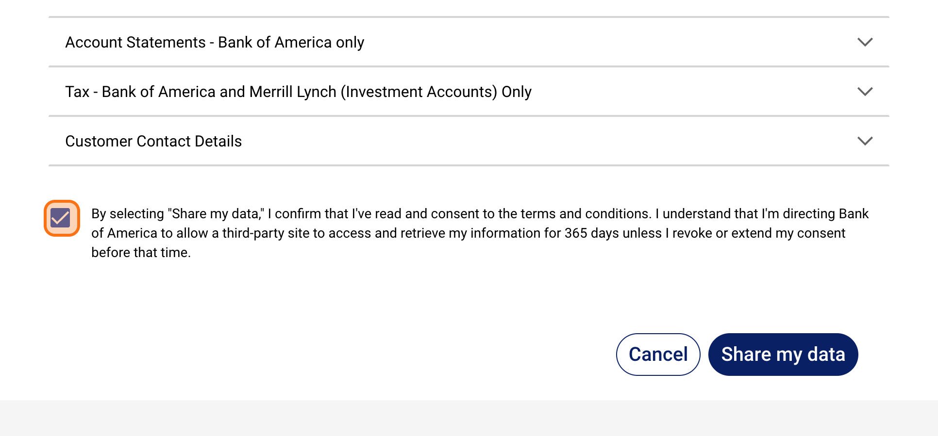 Account information sharing permission screen.