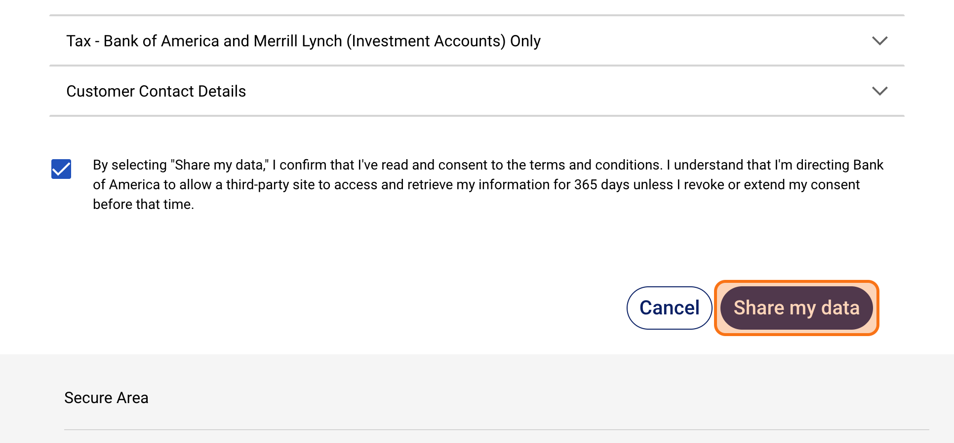 Authorization checkbox and Share My Data button.