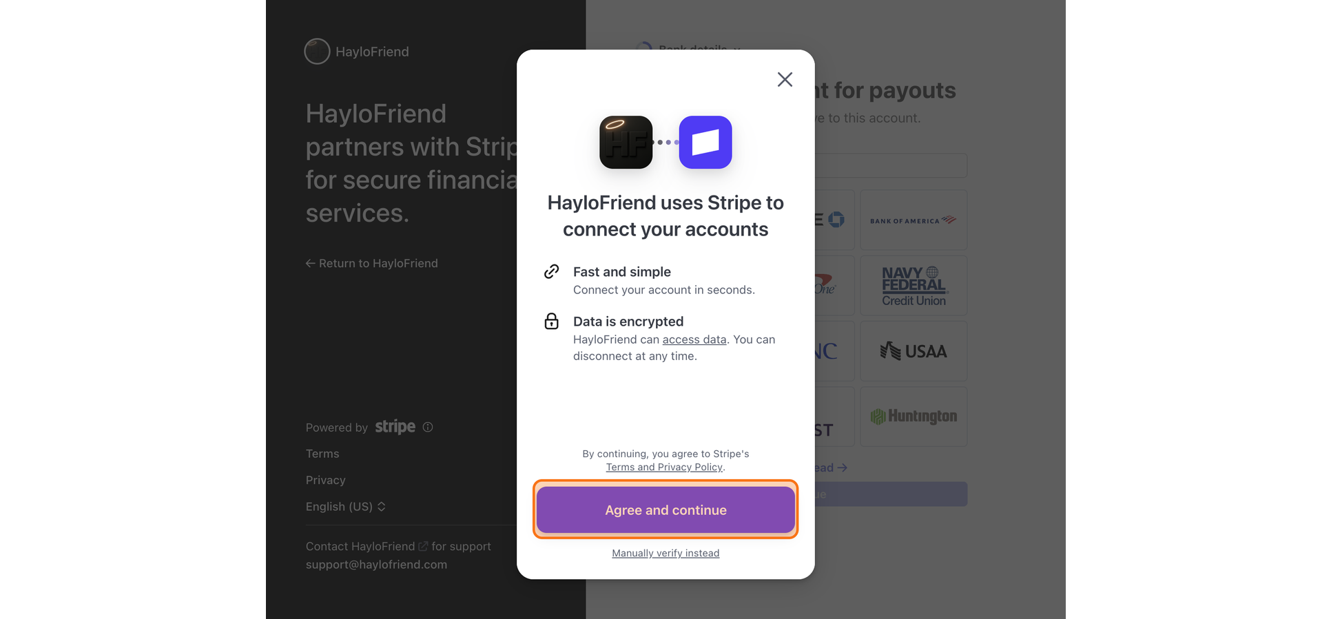Stripe terms and privacy agreement screen.