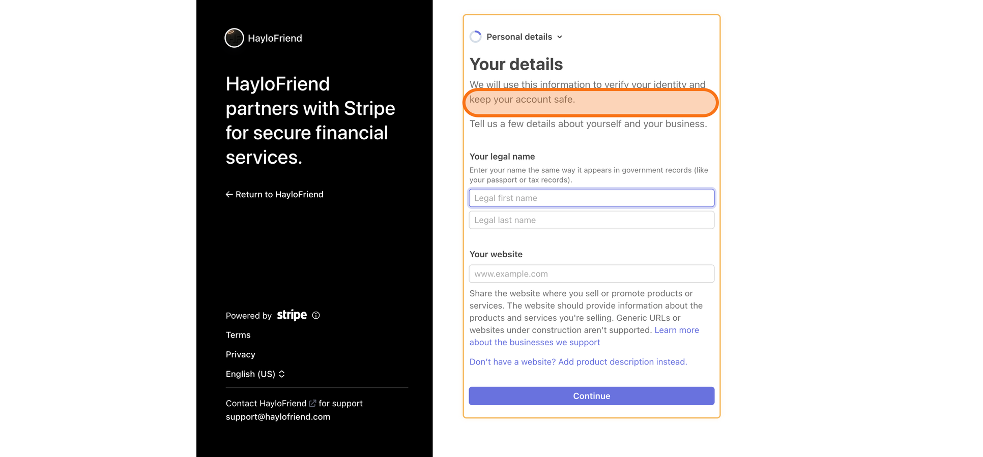Stripe legal name entry fields.