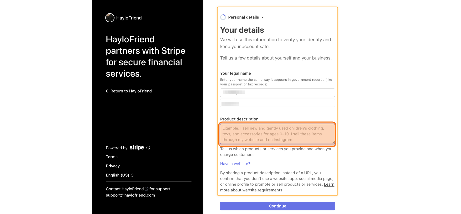 Stripe product description step.