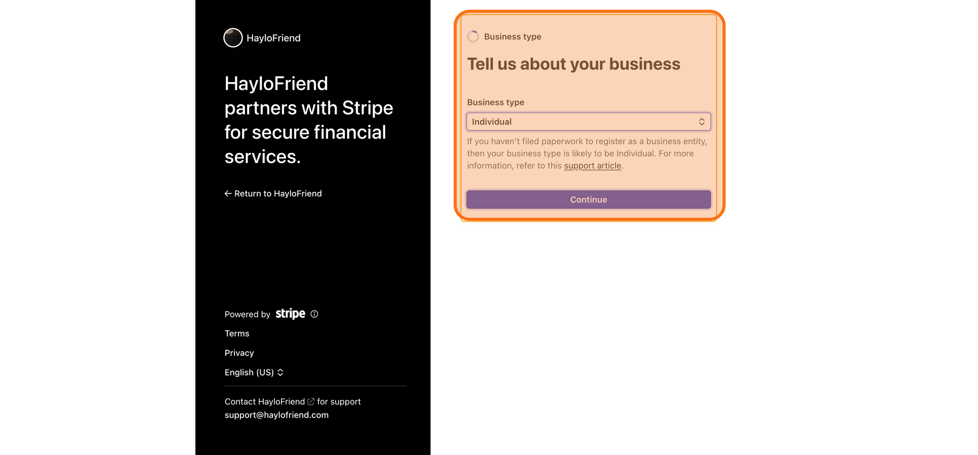 Stripe business type dropdown with Individual selected.