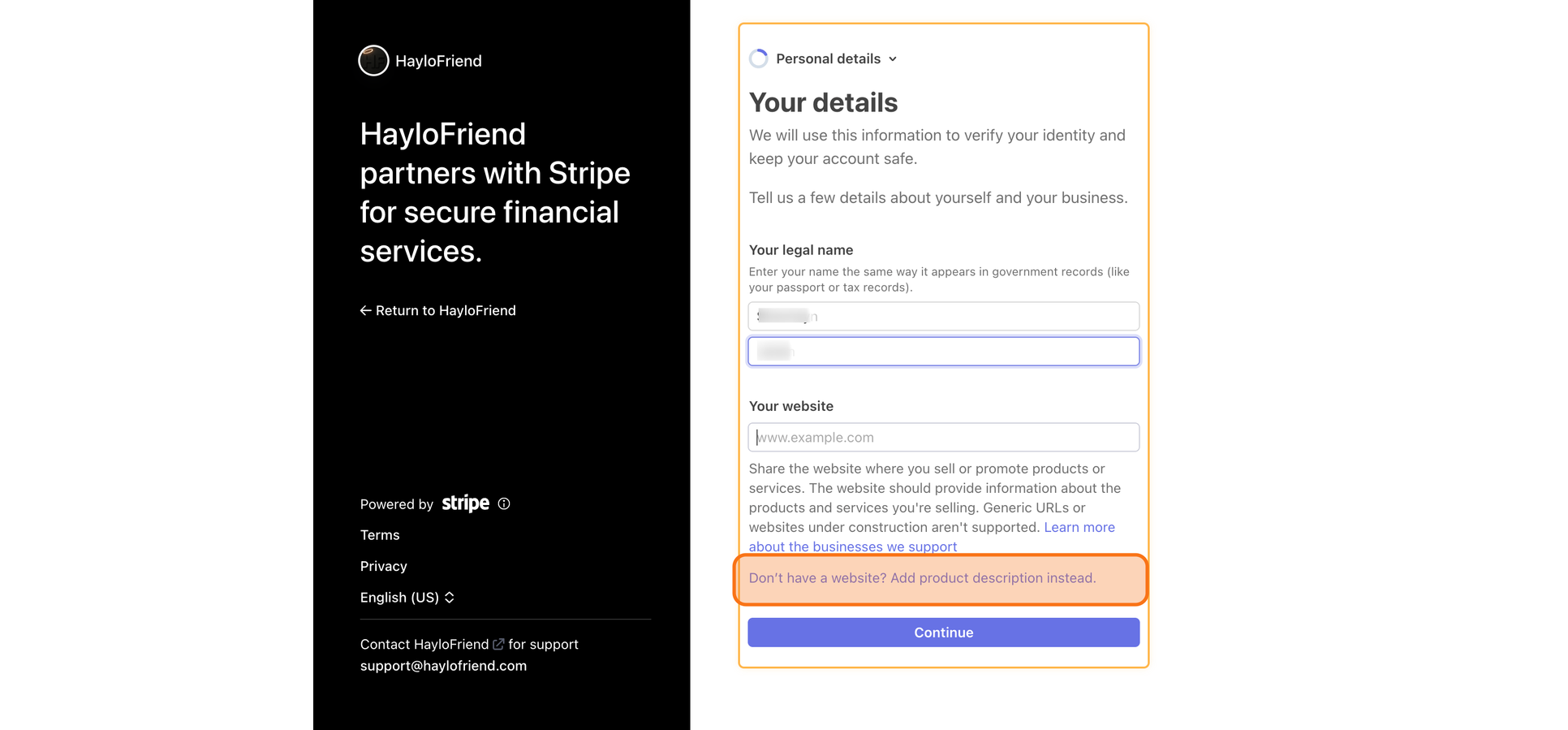 Stripe website field with the no-website option.
