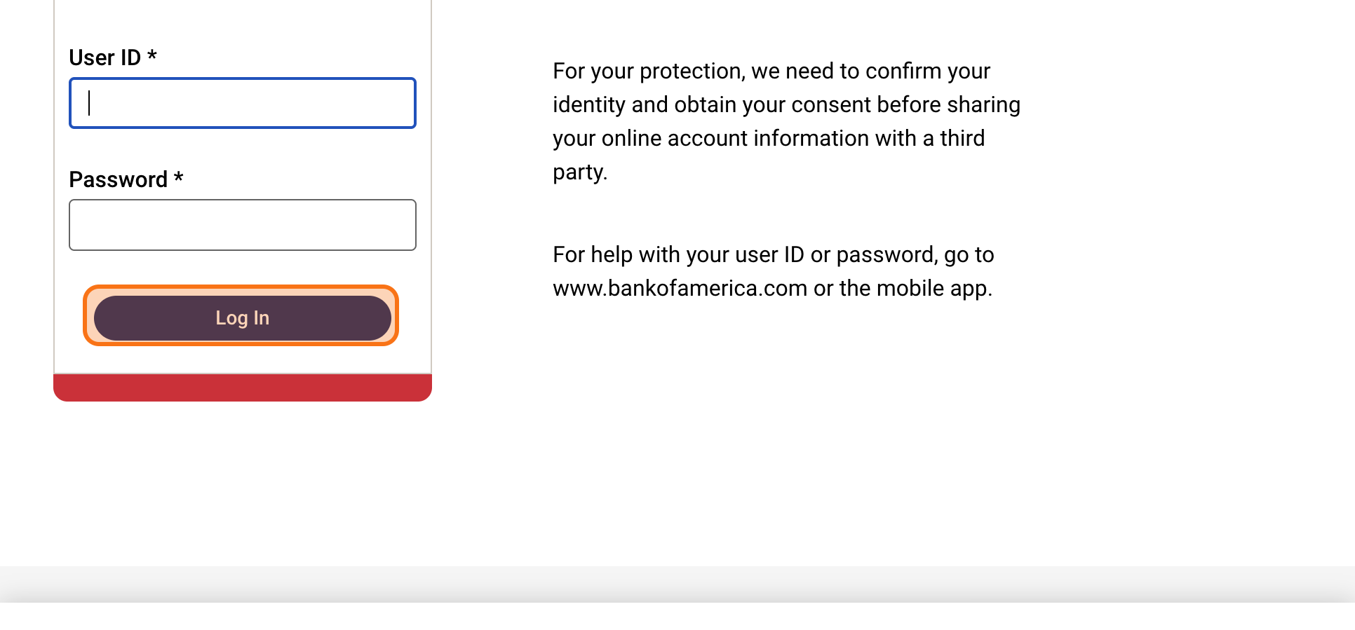 Bank of America secure login through Plaid.