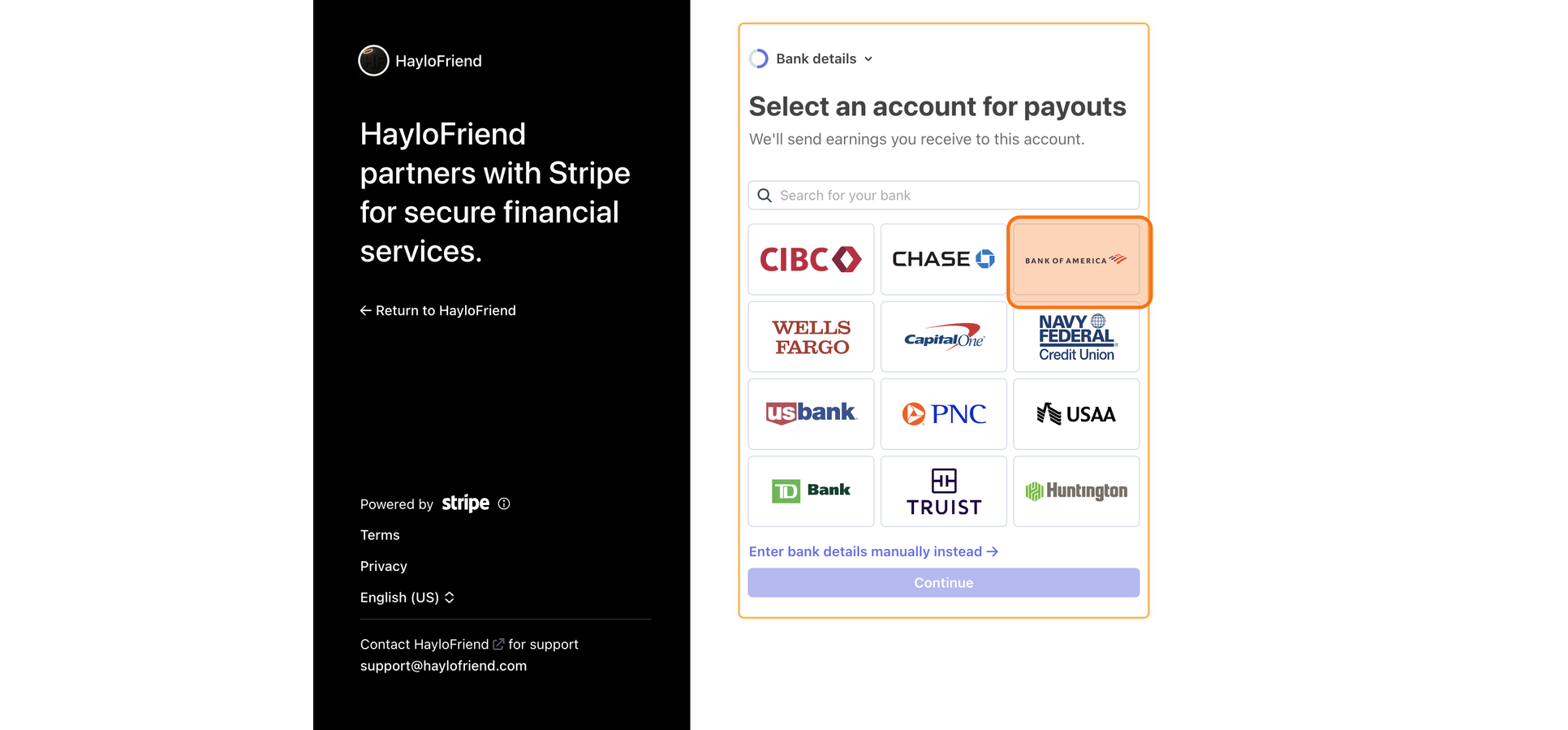 Stripe bank connection screen.