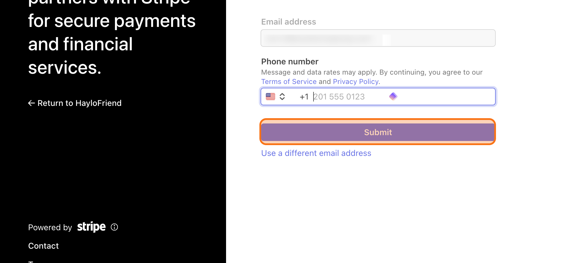 Stripe phone number entry screen.