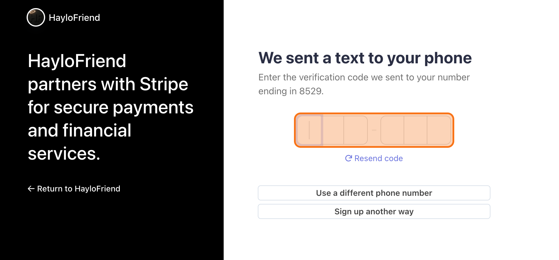 Stripe verification code entry screen.