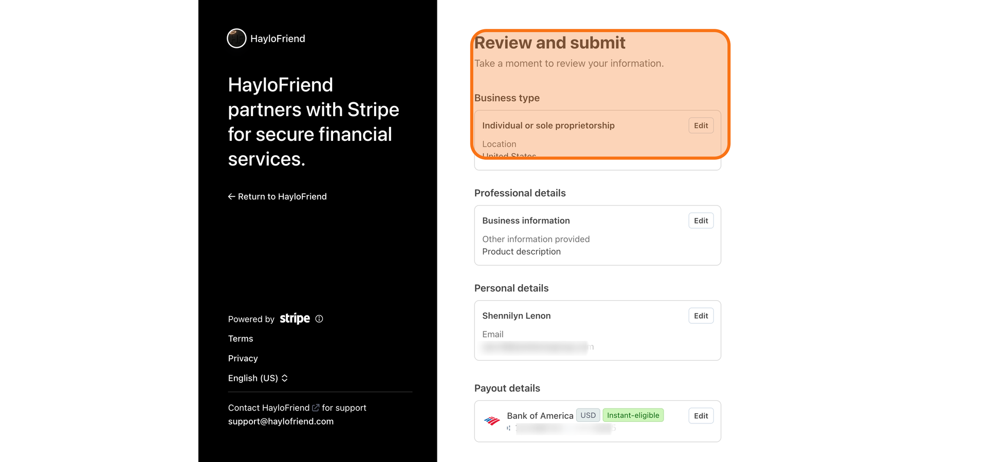 Stripe review-your-information summary.