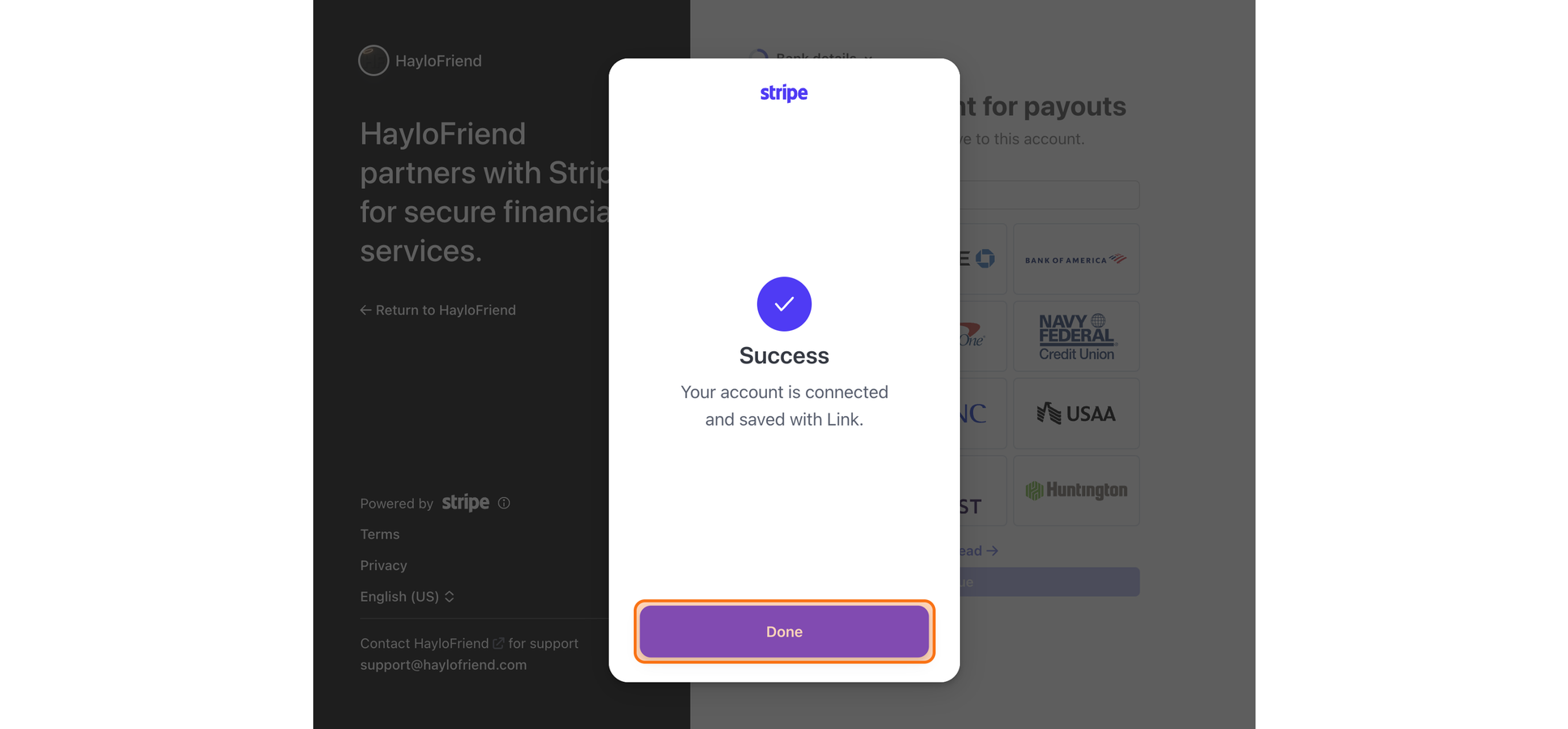 Stripe success page with Done button.