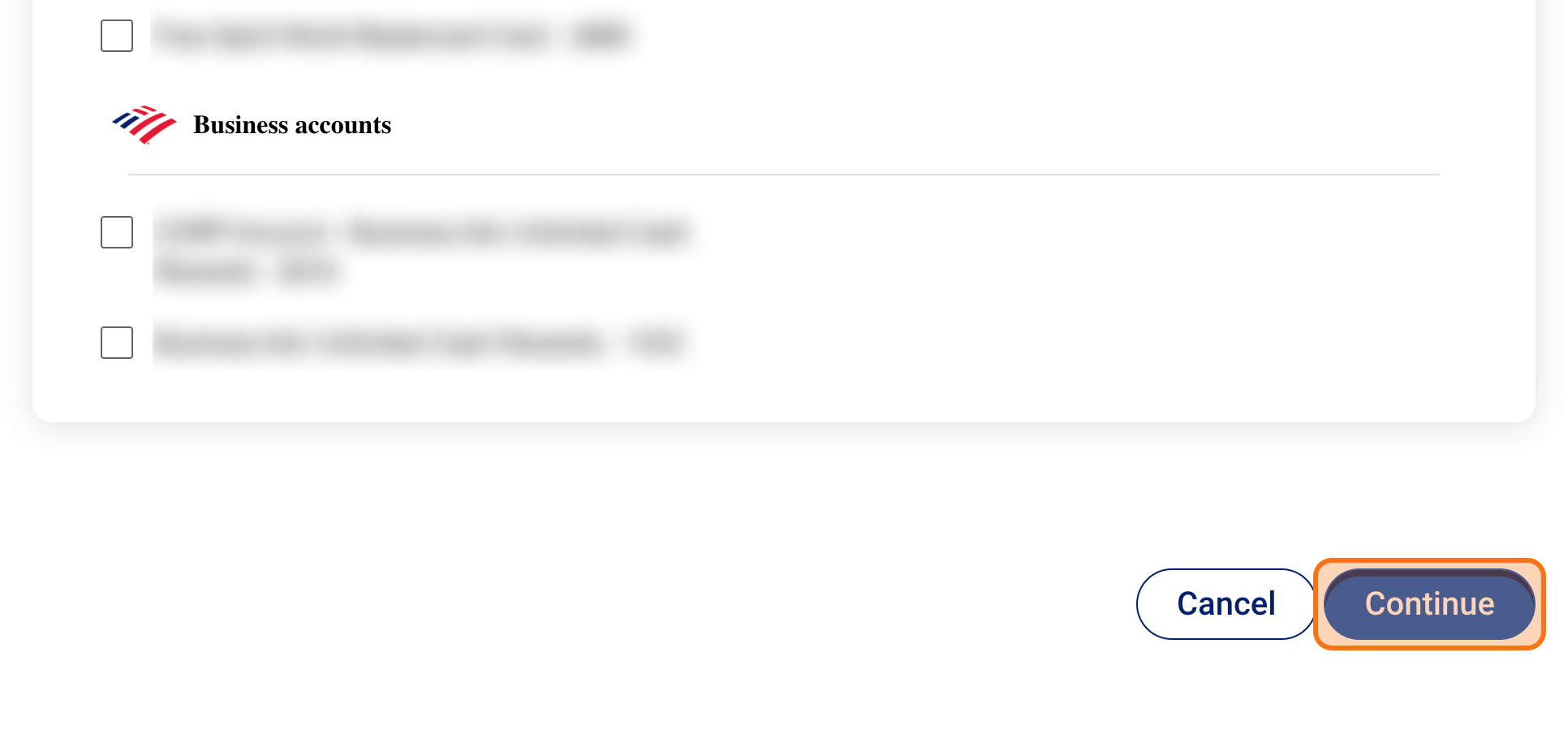 Continue button after selecting an account.
