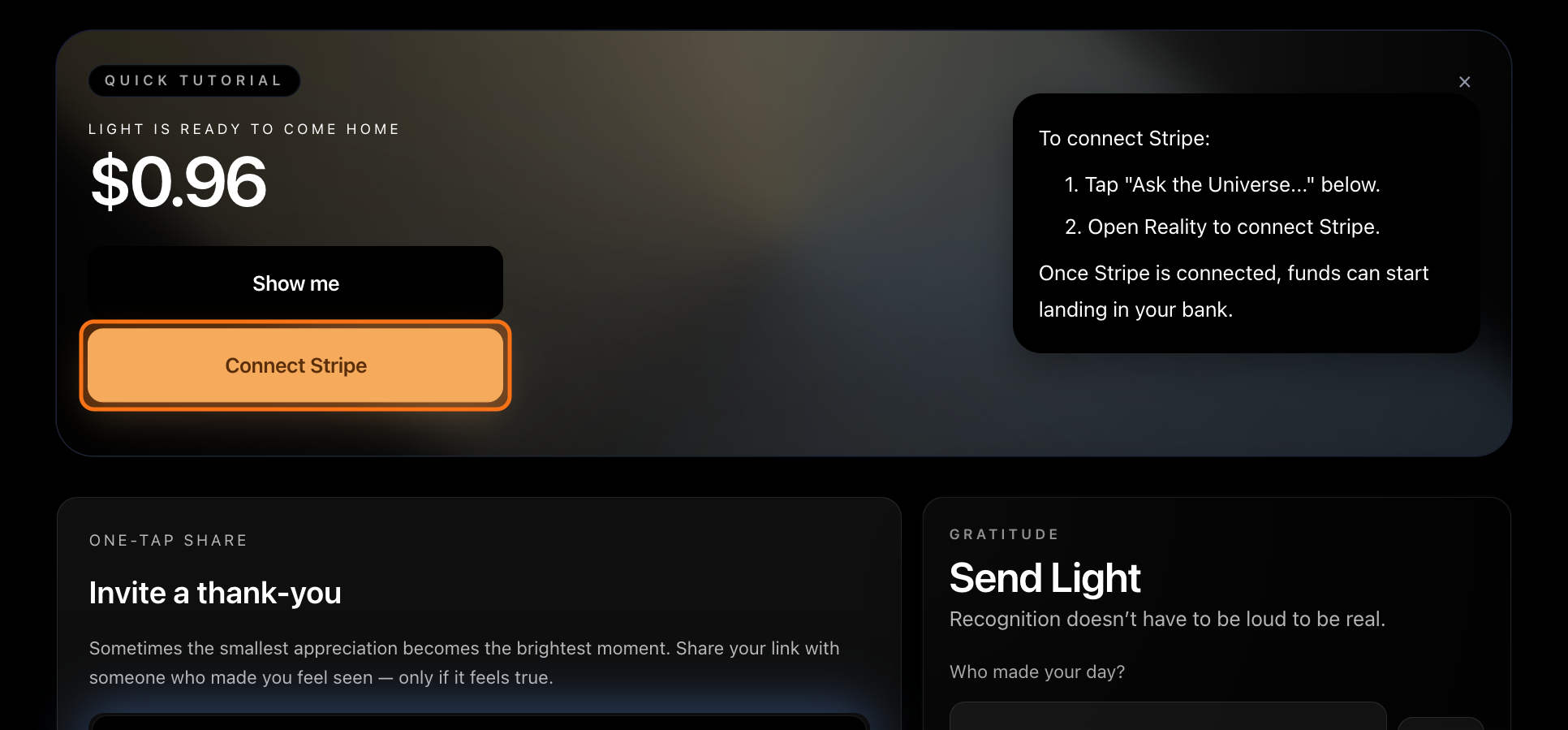 The tutorial card with the Connect Stripe button highlighted.
