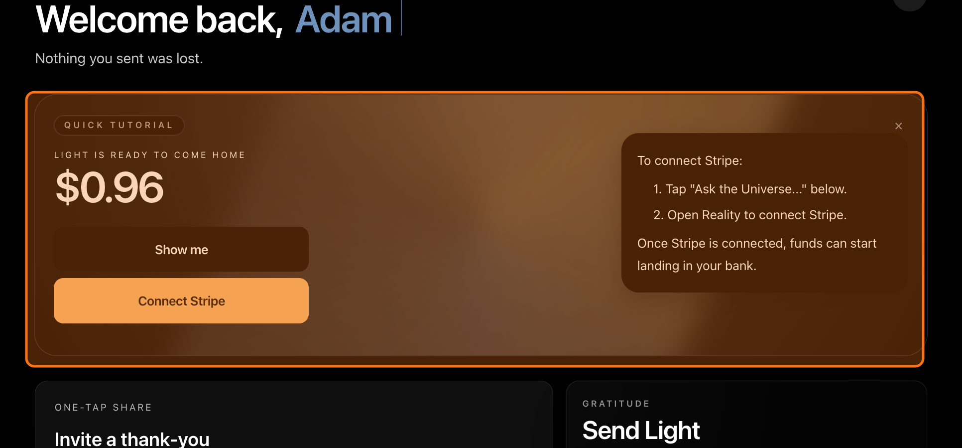 Your impact screen with the setup tutorial card showing gratitude waiting to be received.