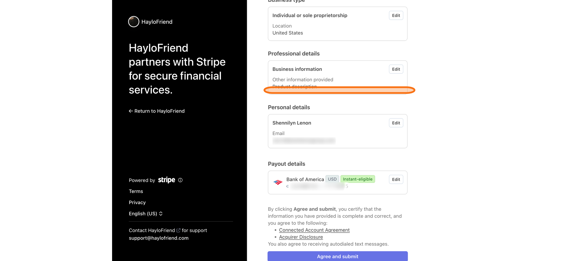Final Stripe agree-and-submit screen.