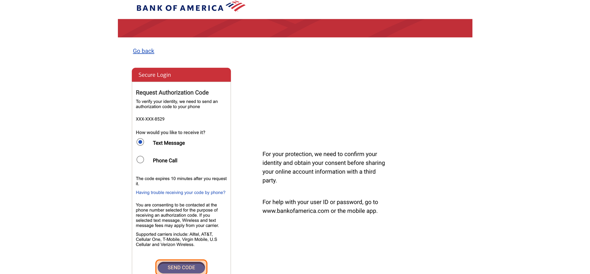 Bank verification code delivery options.
