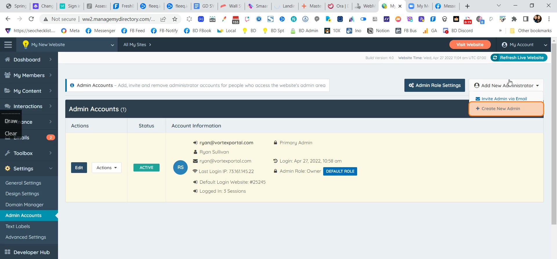 Create New Admin option