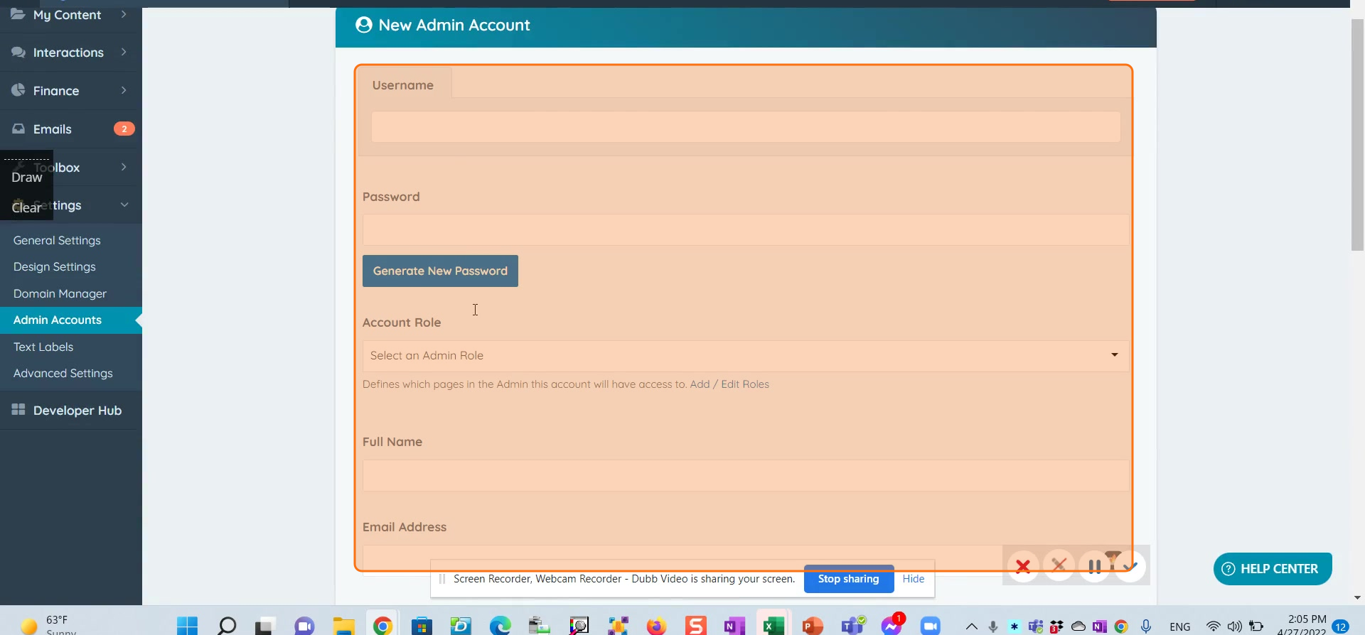 New admin details form