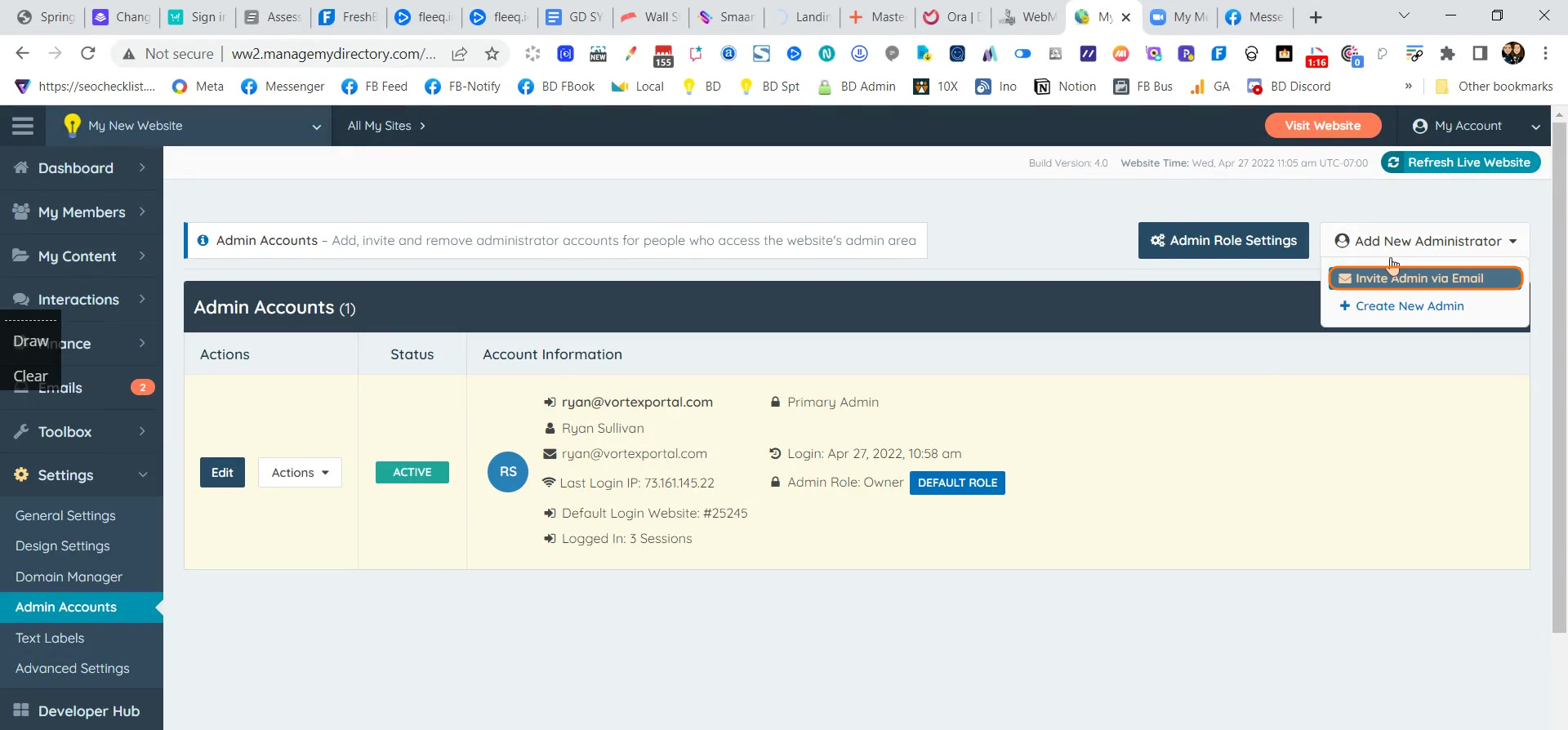 Invite Admin via Email option
