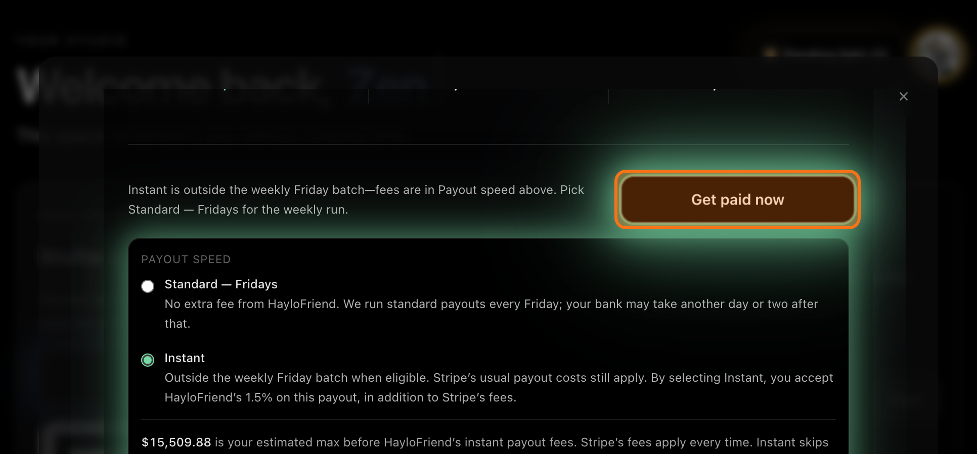 The Get paid now button showing the instant payout amount.
