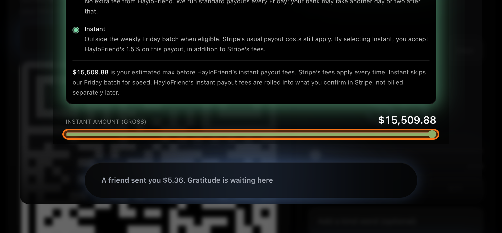 Instant payout selected, with the amount slider set to a chosen amount.