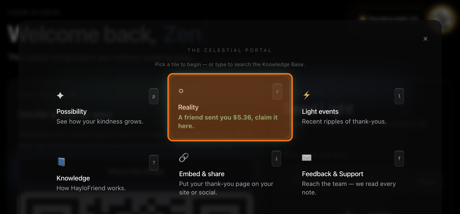 The Ask the Universe panel expanded, with the Reality tile.