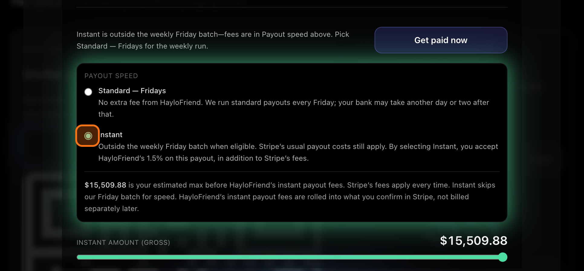 Reality screen showing available funds and the Standard versus Instant choice.
